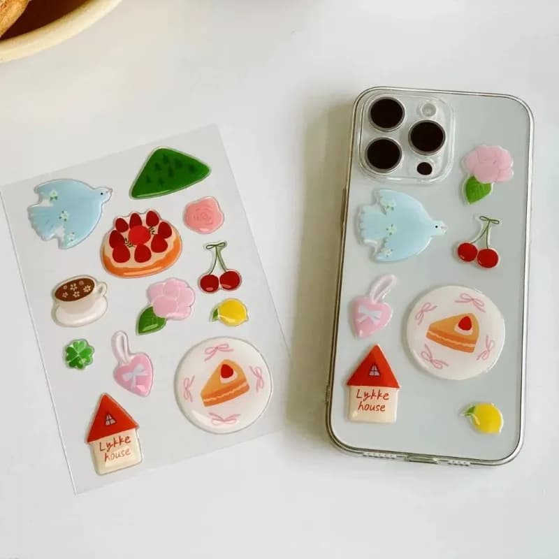 Autocollants de gelée 3D gâteau d'oiseau de dessin animé mignon, autocollant de soulagement en résine époxy, belle décoration étanche pour coque de téléphone, tablette, ordinateurs portables, DIY bric
