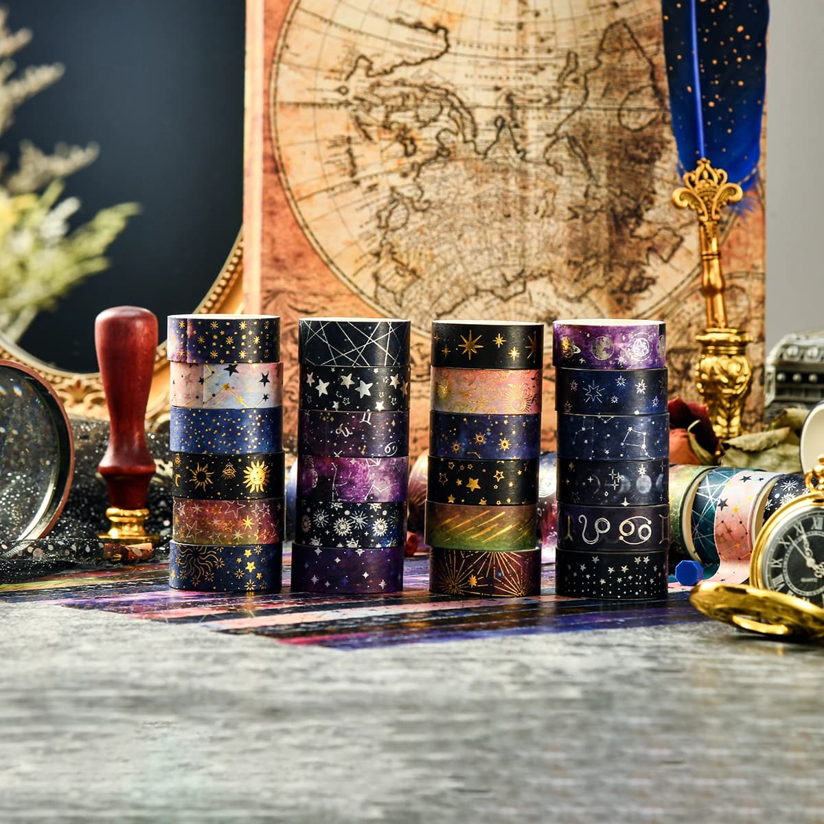 Ensemble de 12 rouleaux de ruban washi rétro ciel étoilé, 2 m de long / 1,5 cm de large, fournitures de papeterie et décoration de cadeaux, un cadeau pour les amis