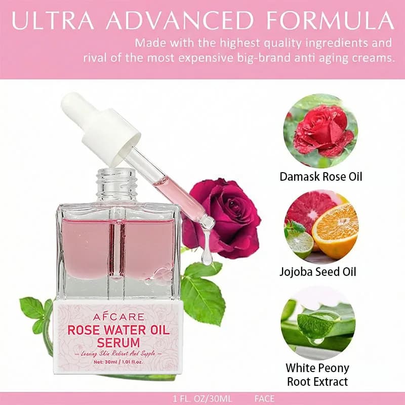 Sérum Huile d'Eau de Rose Pure Naturelle pour le Visage – Hydrolat de Rosa Damascena – Essence Rafraîchissante – Eau de Rose Hydratante et Apaisante pour la Peau