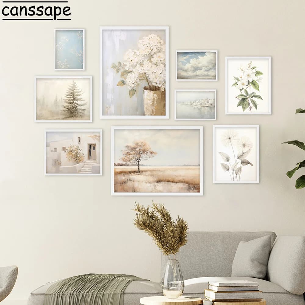 Peinture à l'huile de fleur blanche pour la décoration de salon, art mural, toile de paysage naturel, nuage de ciel, impression d'art de boule de souffle