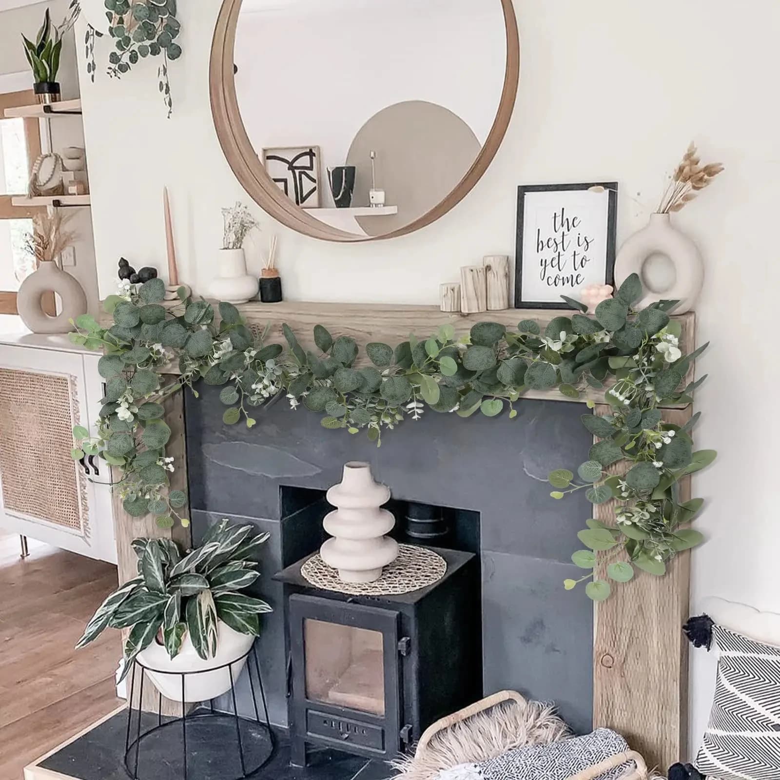 Guirlande de feuilles d'eucalyptus artificielles, 1 pièce, fausse plante verte, vignes de printemps avec fleurs blanches, baies pour décoration de fête de mariage à domicile