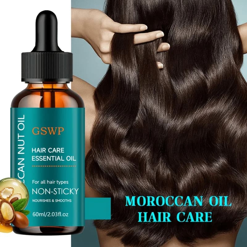 Huile capillaire à l'huile d'argan GSWP, contrôle les frisottis, non grasse, renforce les cheveux, répare les pointes fourchues. Pour tous types de cheveux. 60/120 ml